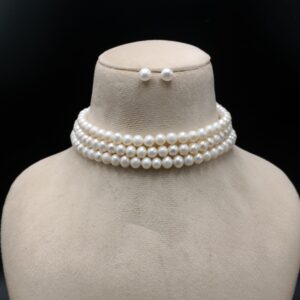Three Layer Pearl choker necklace Set White