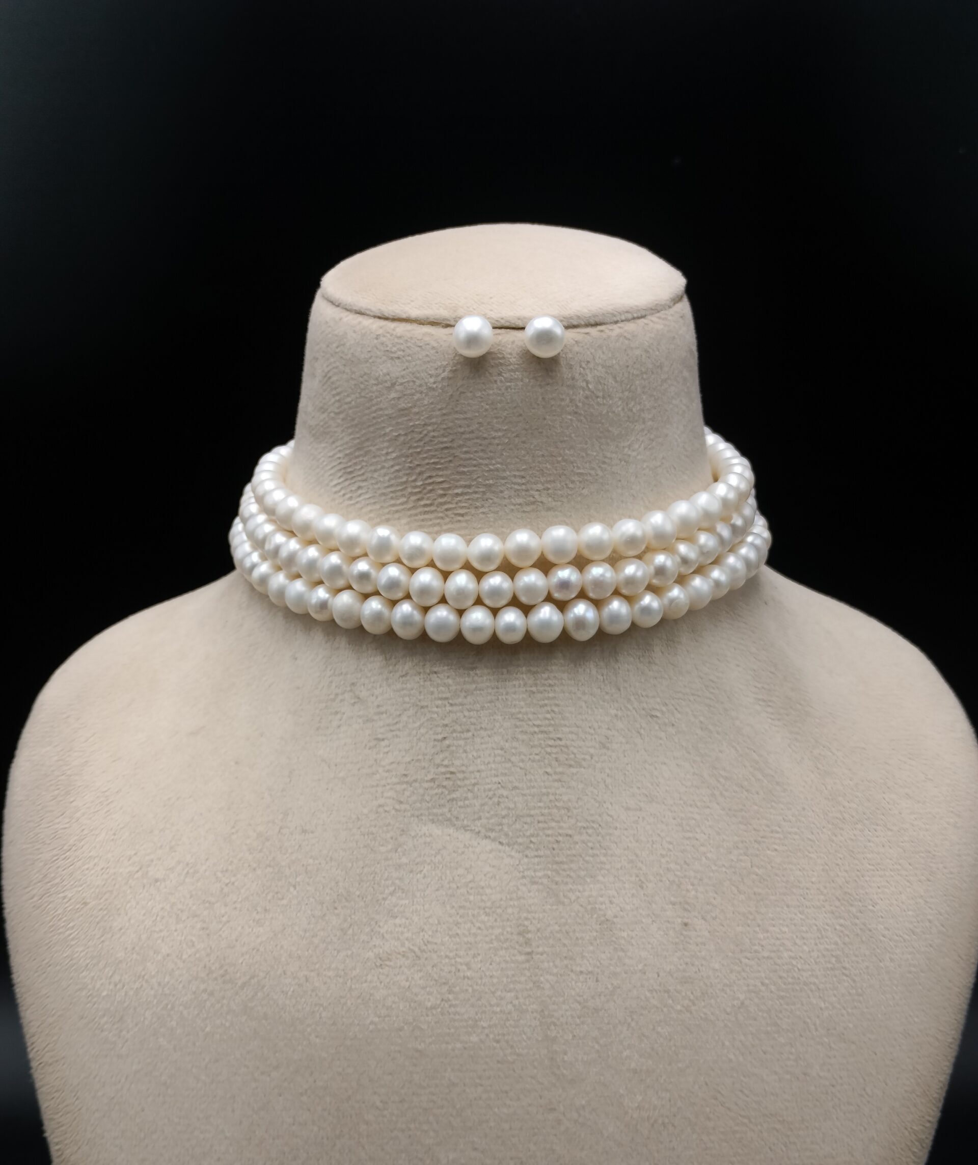 Three Layer Pearl choker necklace Set White