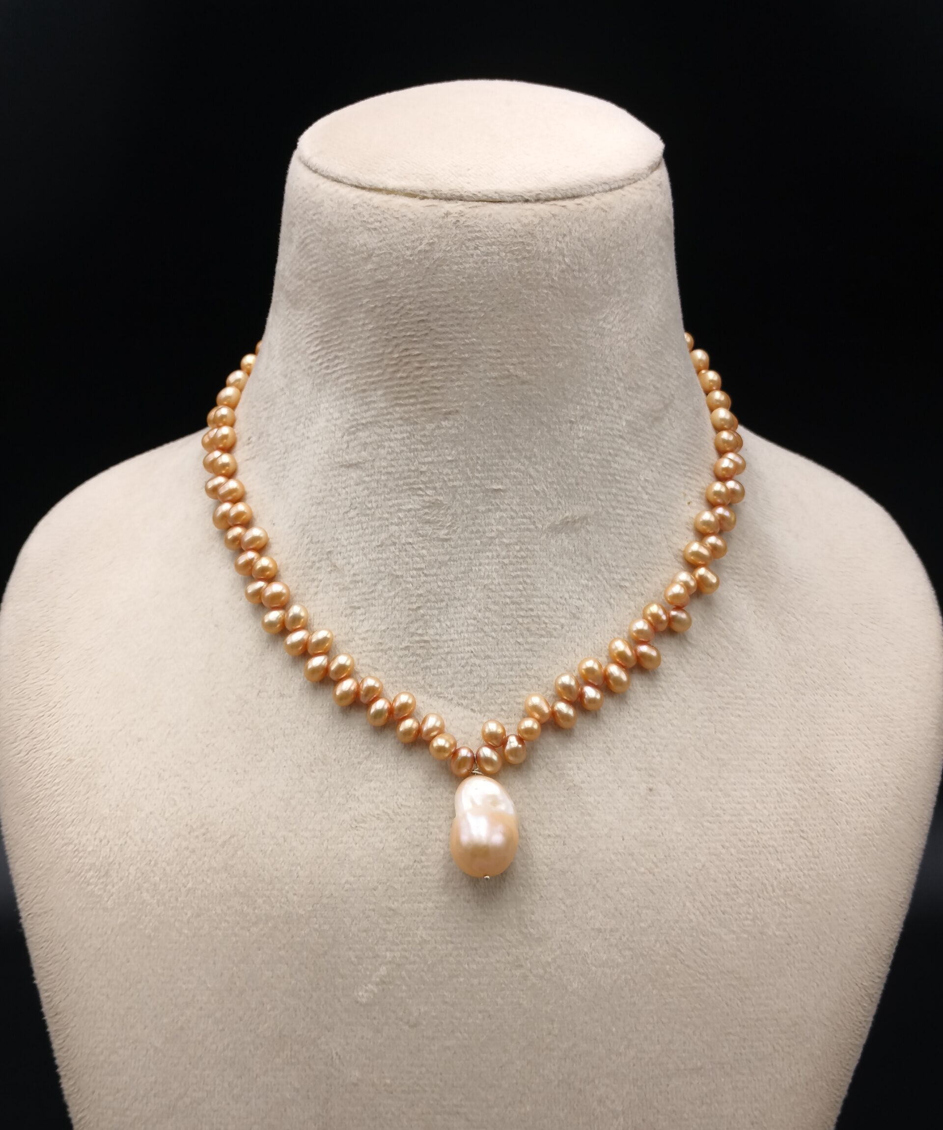 Real Gajra Pearl Necklace with Baroque Pendent Drop shape Brown Color