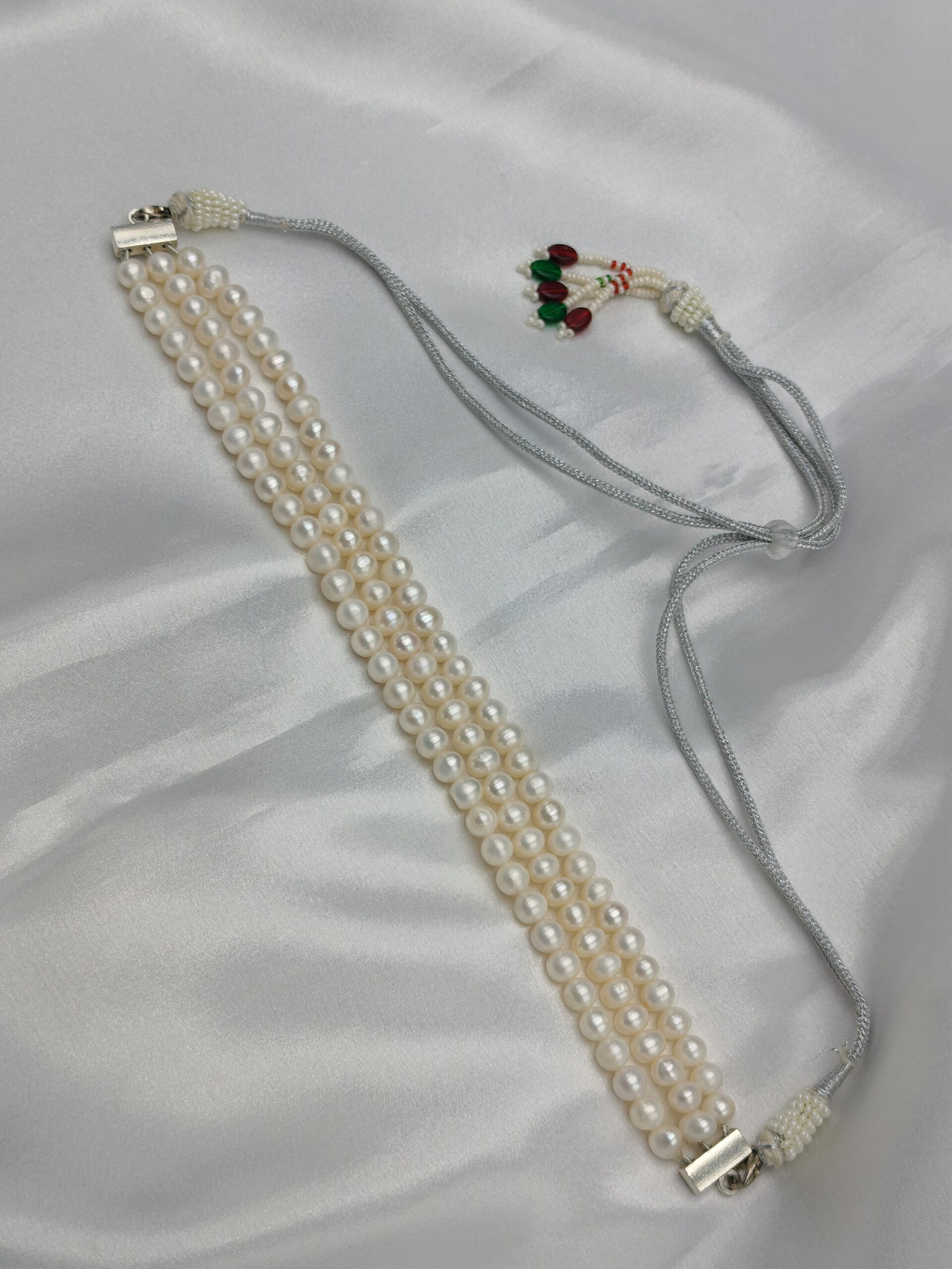 Three Layer Pearl choker necklace Set White - Image 2