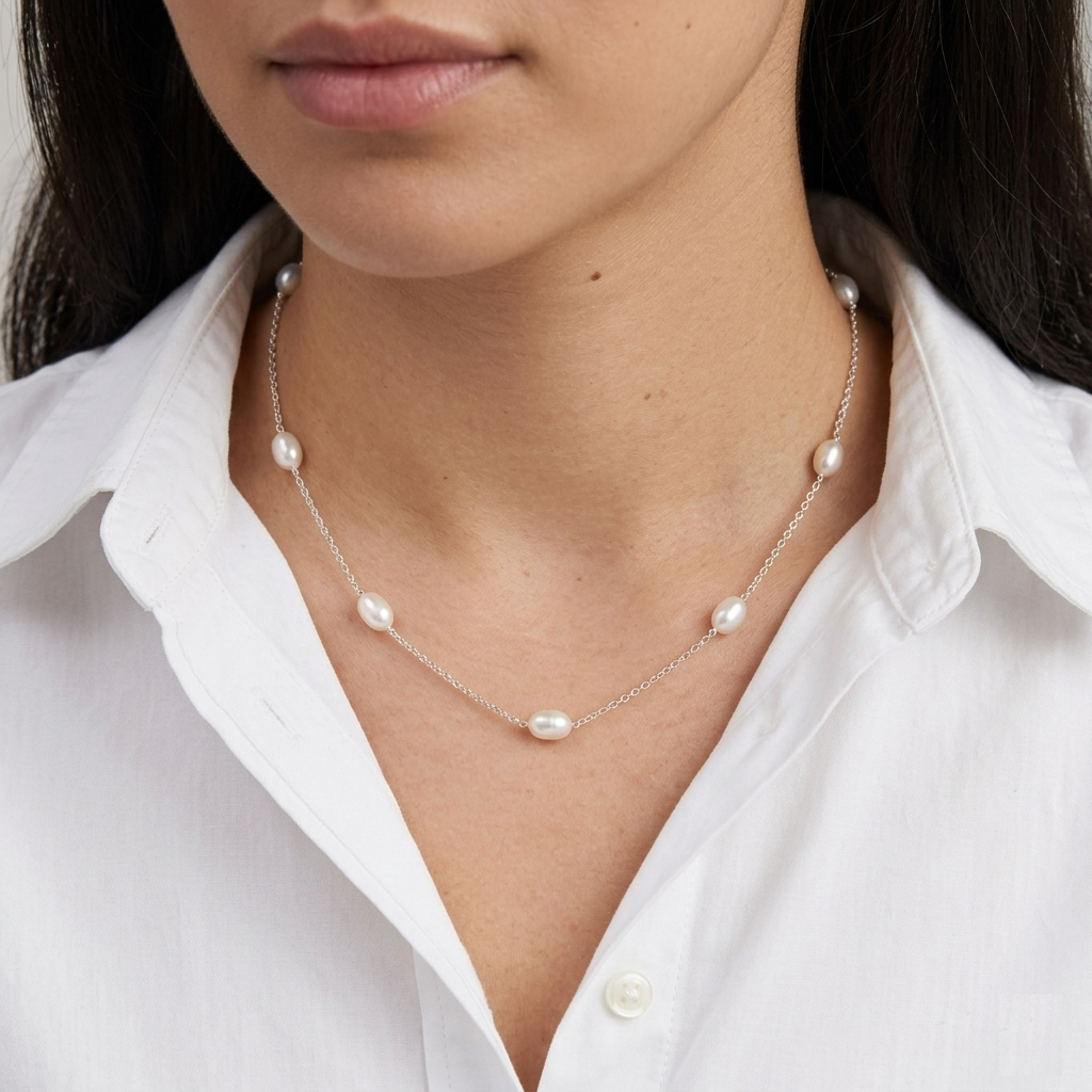 Sterling Silver Simple Pearl Link Chain Necklace