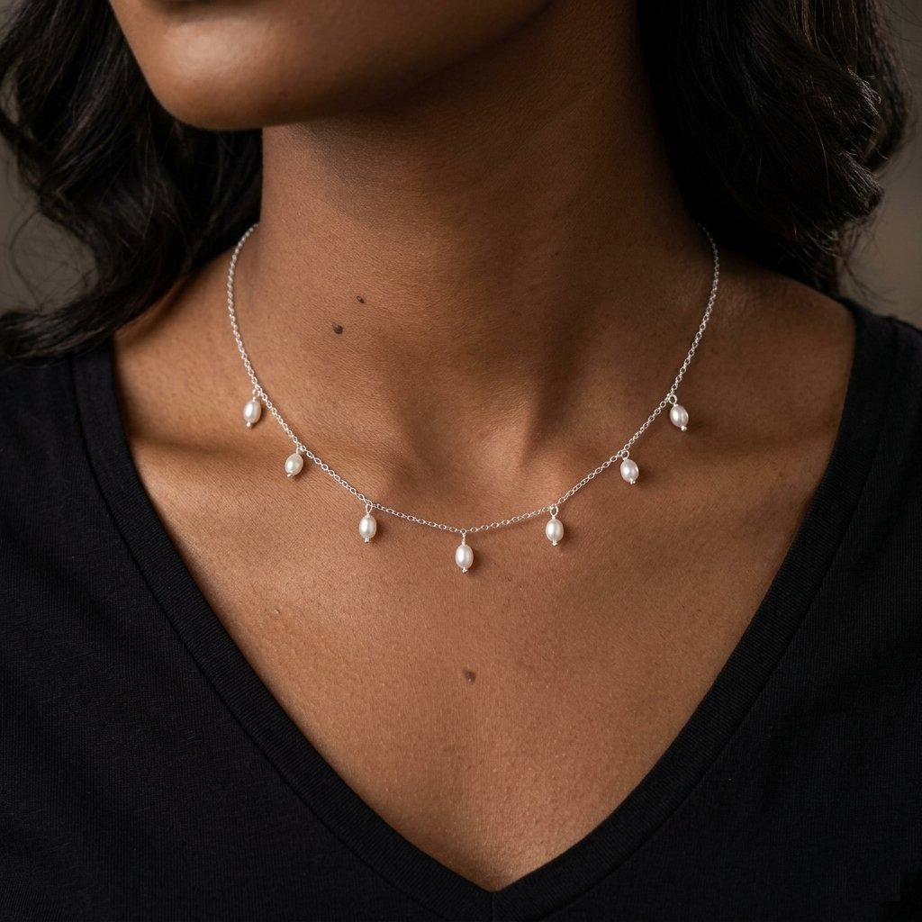 Elegant 925 Sterling Silver Hanging Pearl Chain Necklace