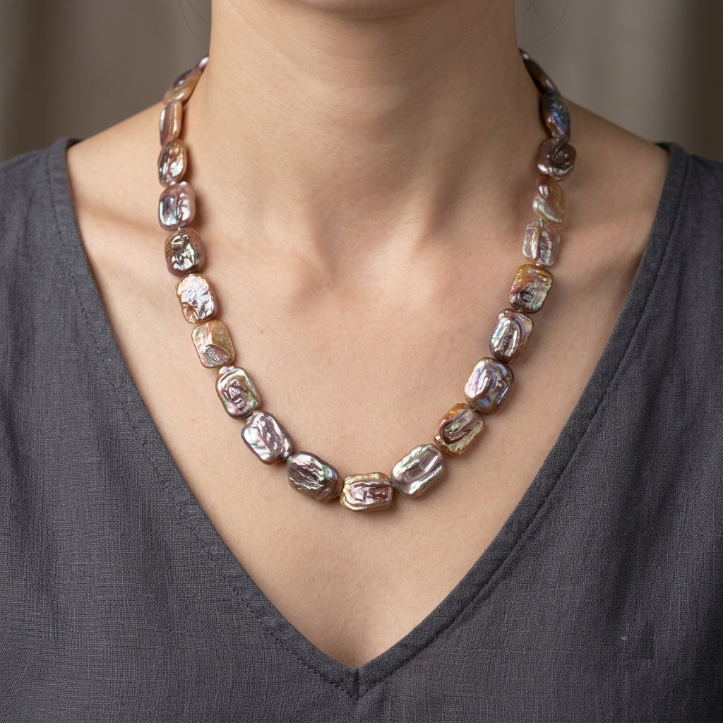 Natural Lavender Color Rectangular Pearl Necklace - Image 2