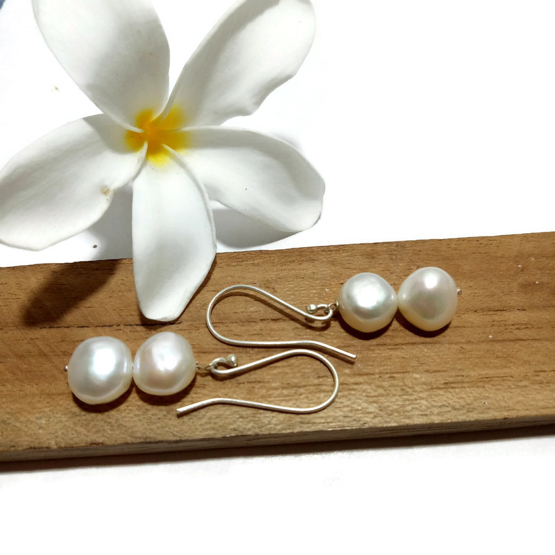 925 Sterling Silver Tumble Real Pearl Earrings