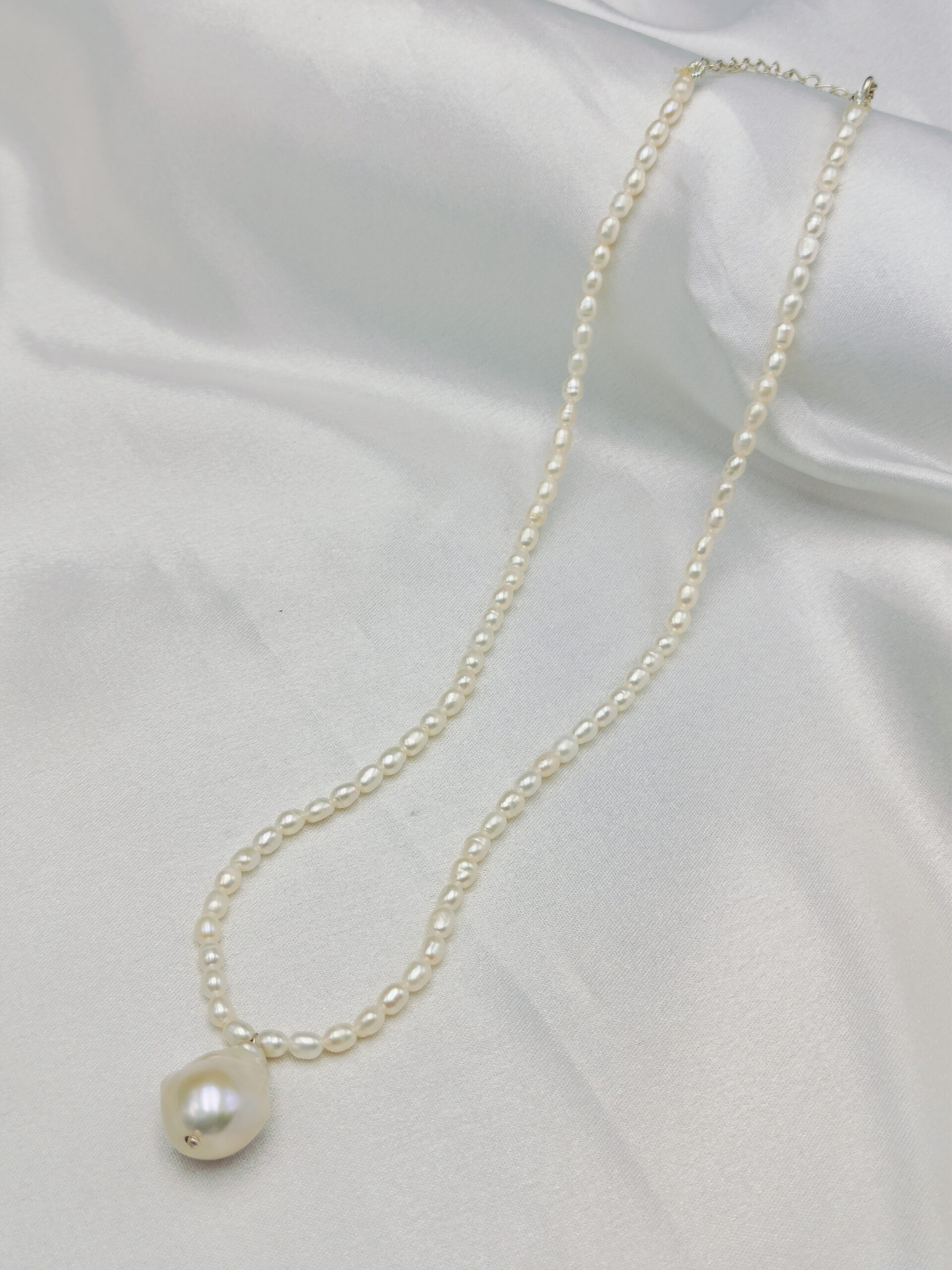 Natural White Pearl Necklace with Baroque Pendent - Image 2