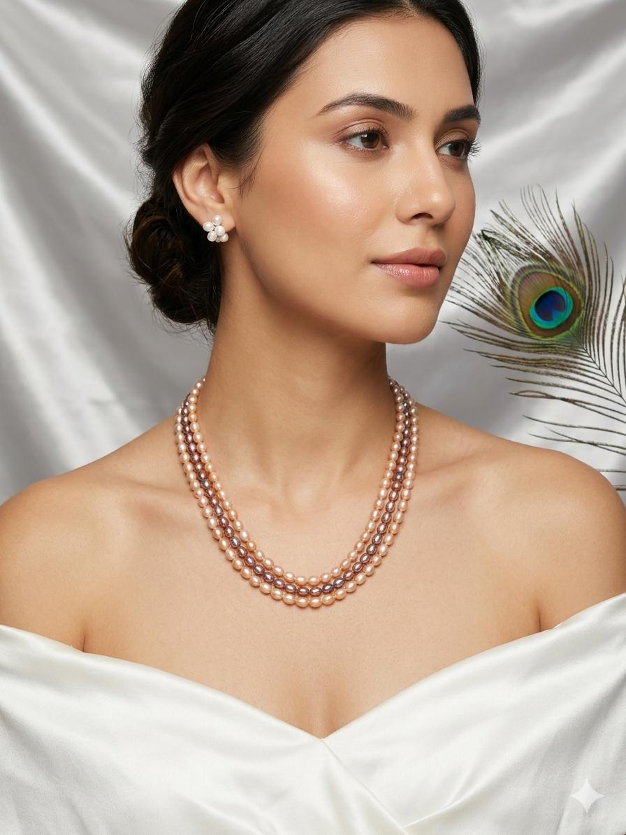 Beautiful 3 Layer Rice Pearl Necklace
