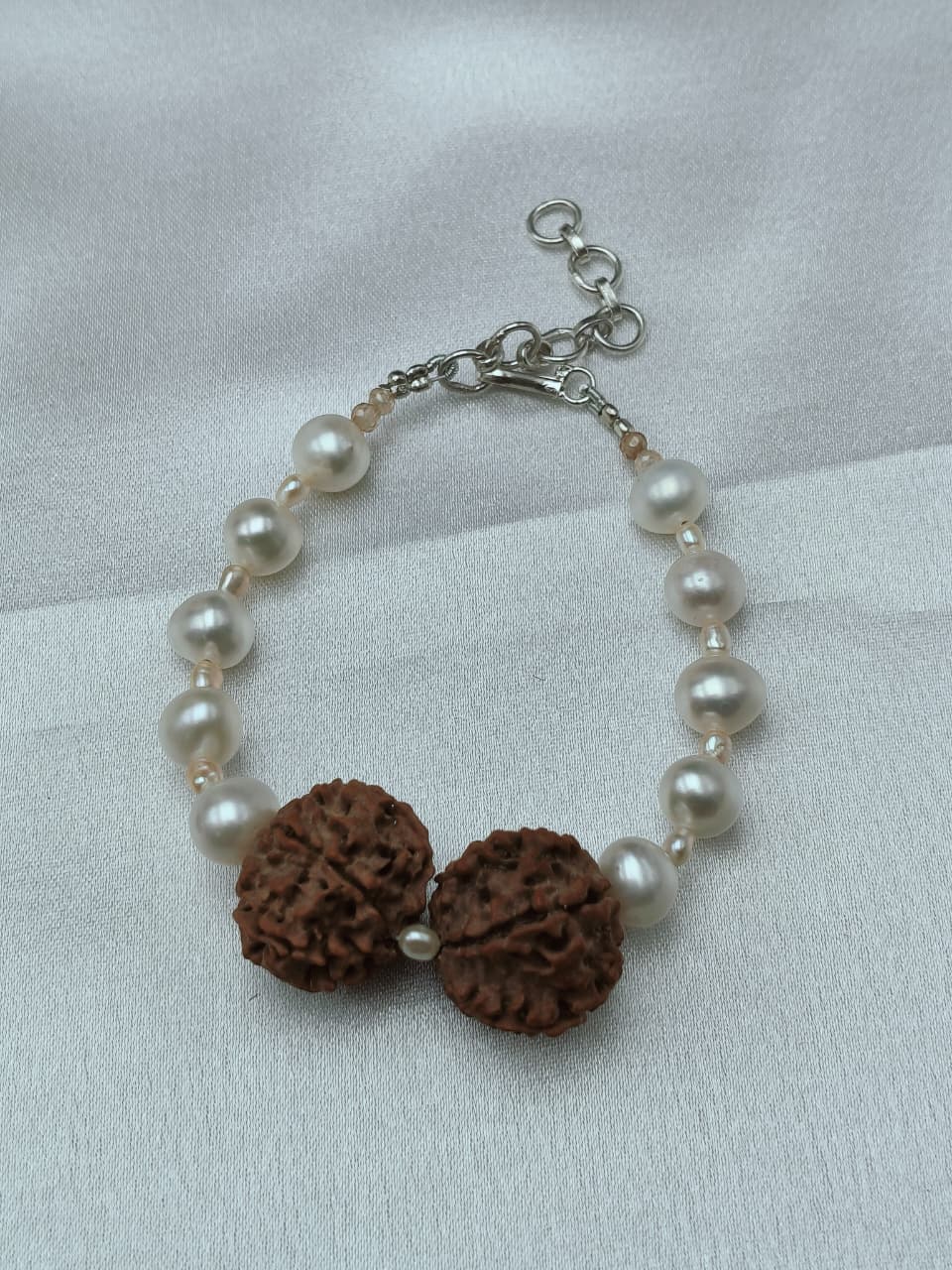Natural Freshwater Pearl & Rudraksha Bracelet With Hock